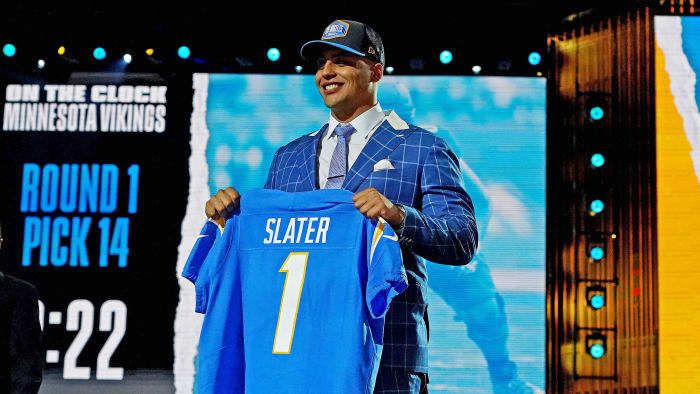 Northwestern's Rashawn Slater poses after being drafted by the Chargers